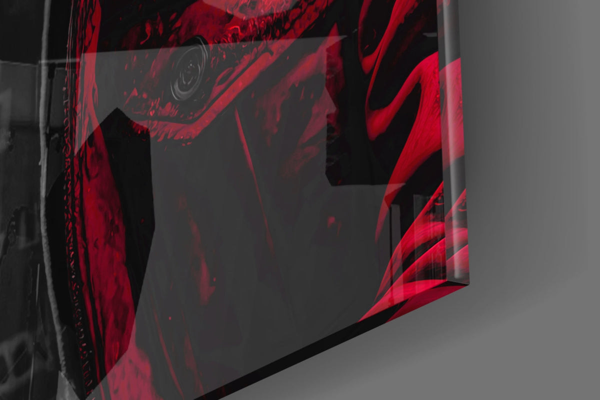 Close-up of the glossy tempered glass edge on the red rain hood gorilla glass wall art