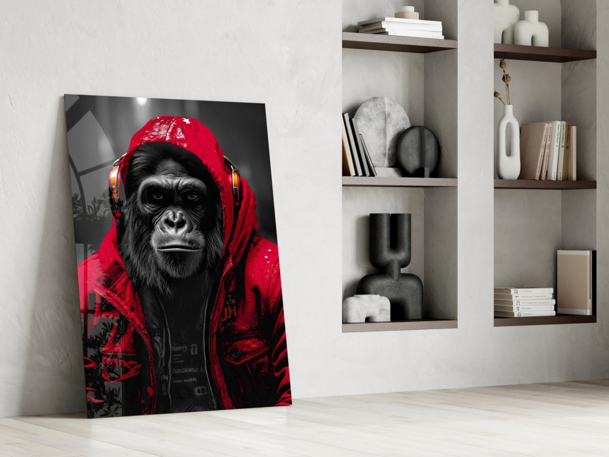 Red rain hood gorilla glass wall art leaning against a wall next to shelves of vases and books