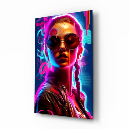 Neon aviator woman glass wall art cyberpunk design