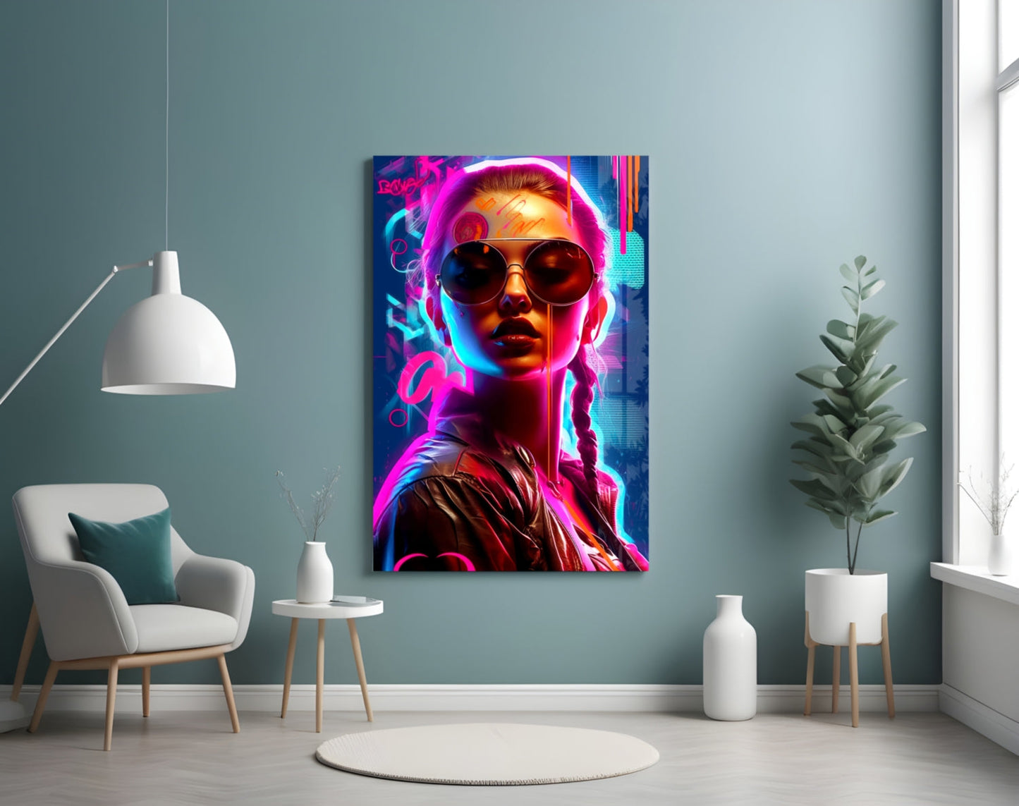 Neon Aviator Woman Glass Wall Art