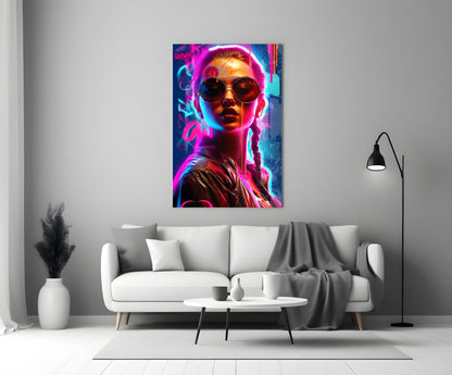 Neon Aviator Woman Glass Wall Art