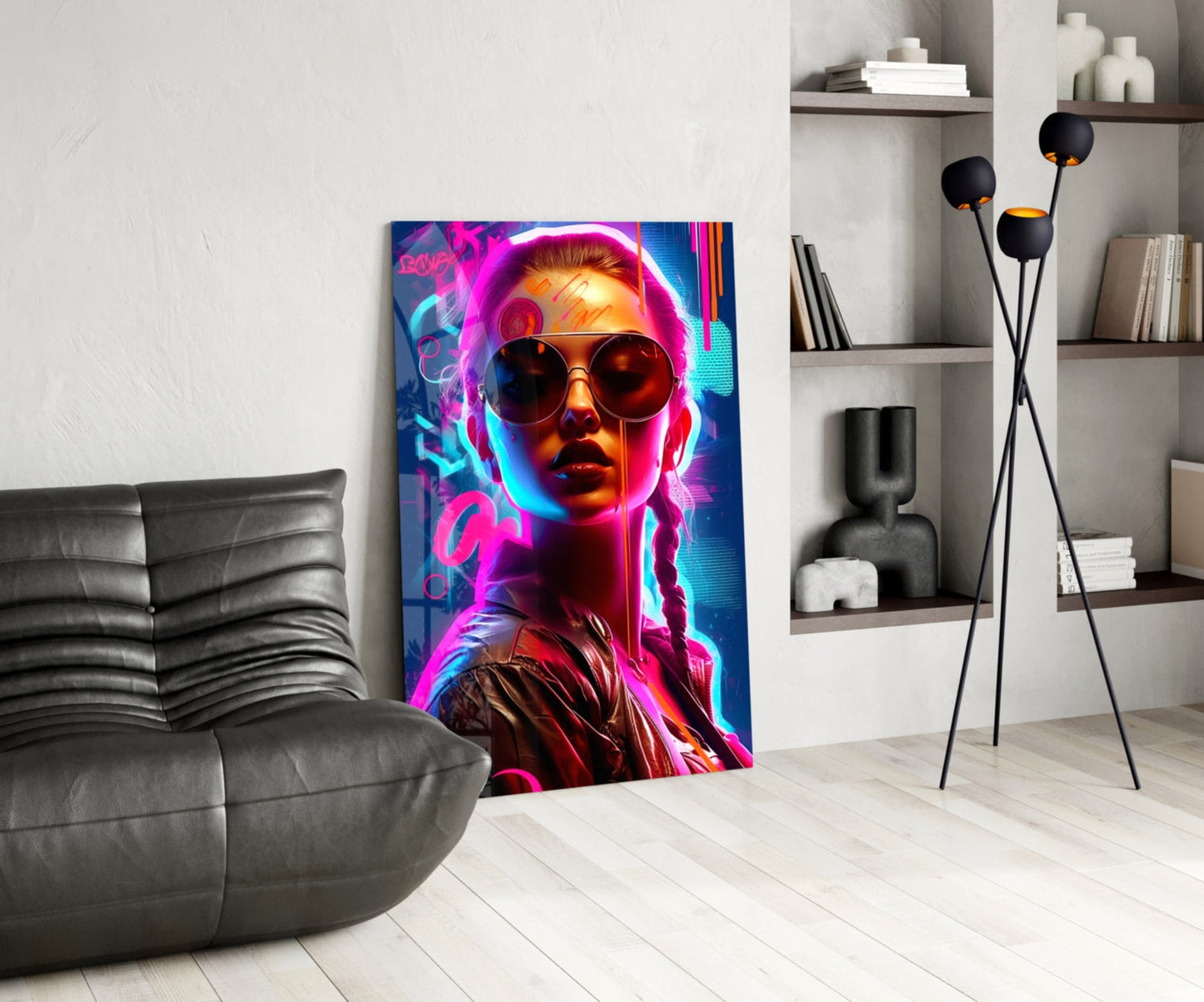 Neon Aviator Woman Glass Wall Art