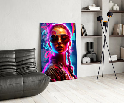 Neon Aviator Woman Glass Wall Art