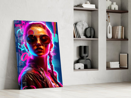 Neon Aviator Woman Glass Wall Art