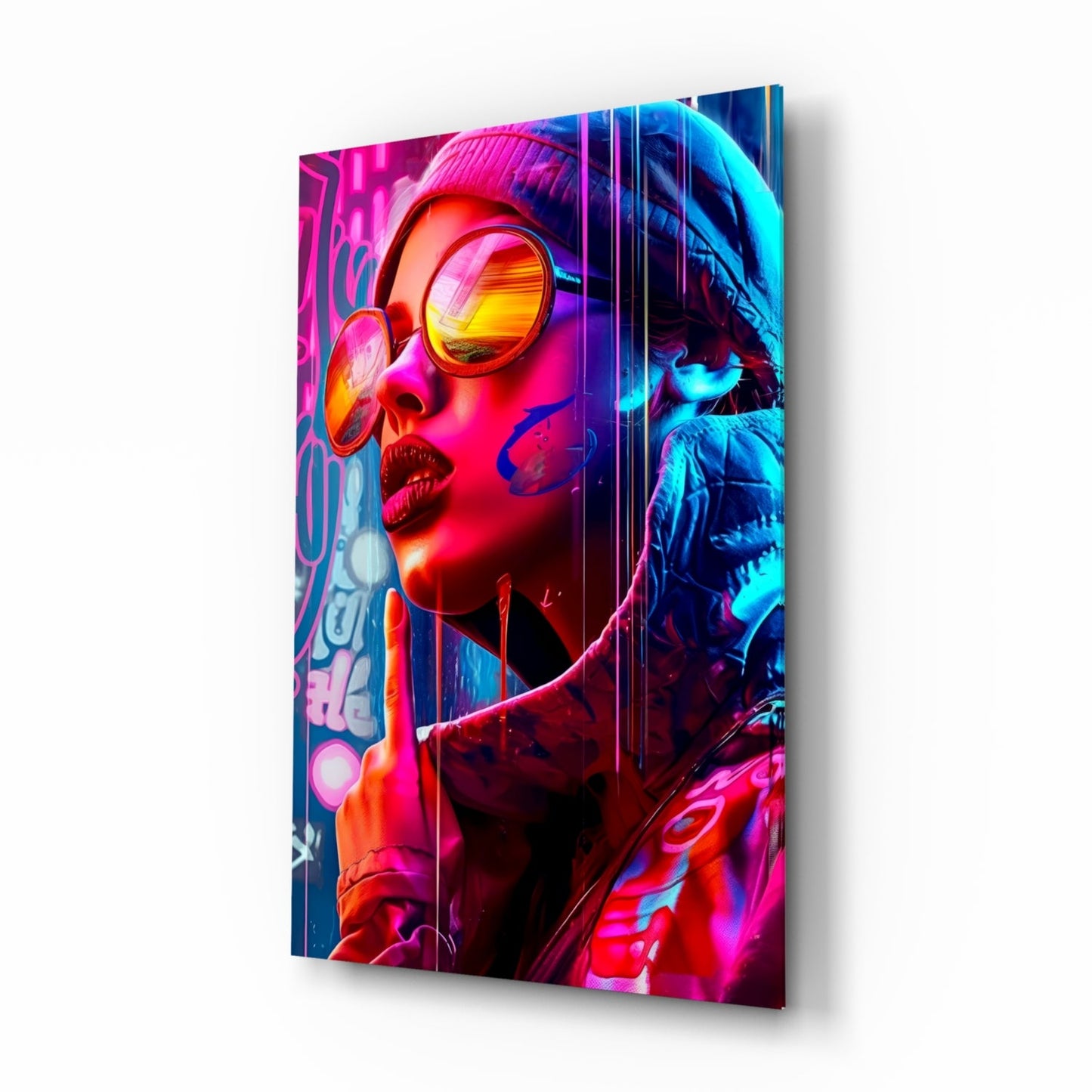 Stylish Woman glass wall art with pop art graffiti portrait