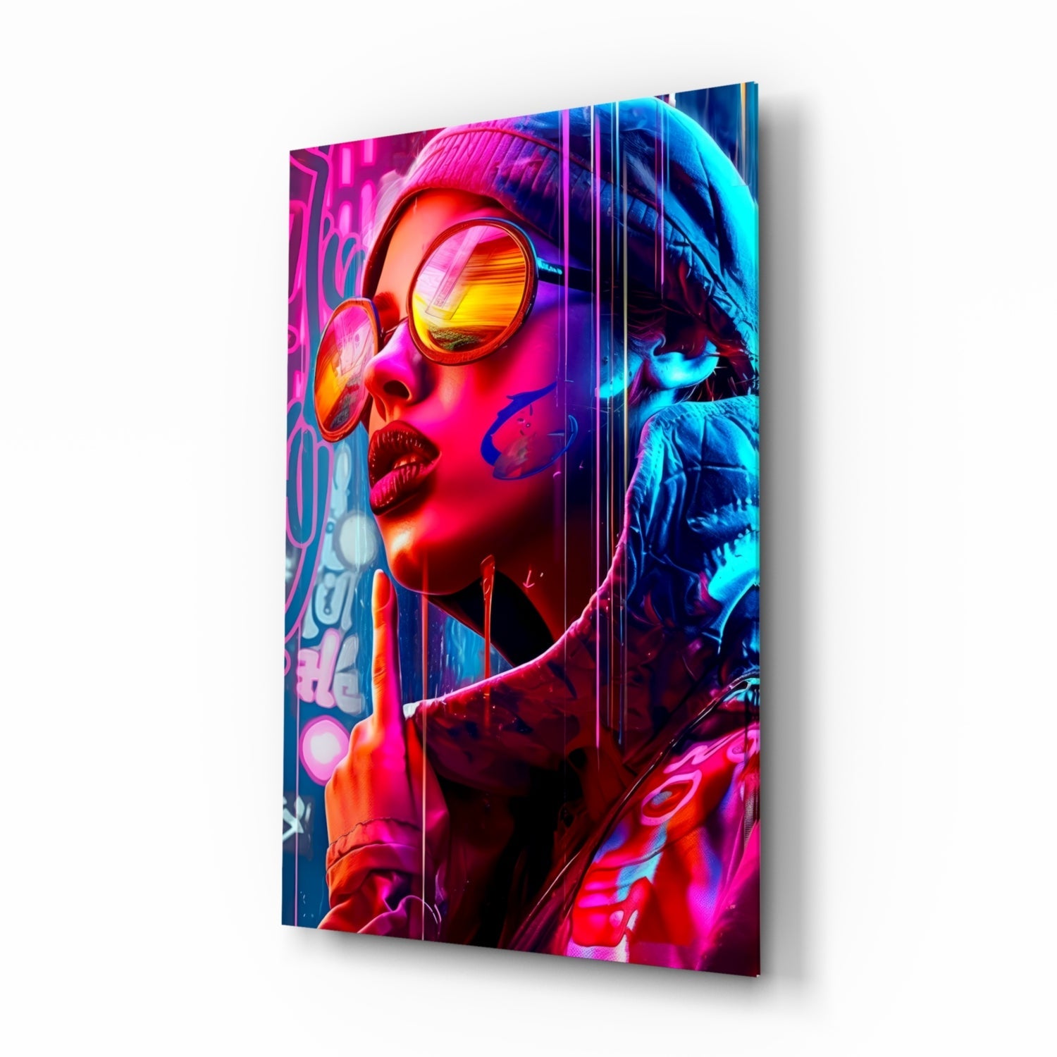 Stylish Woman glass wall art with pop art graffiti portrait