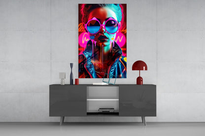 Neon Woman in Pink Glasses Glass Wall Art