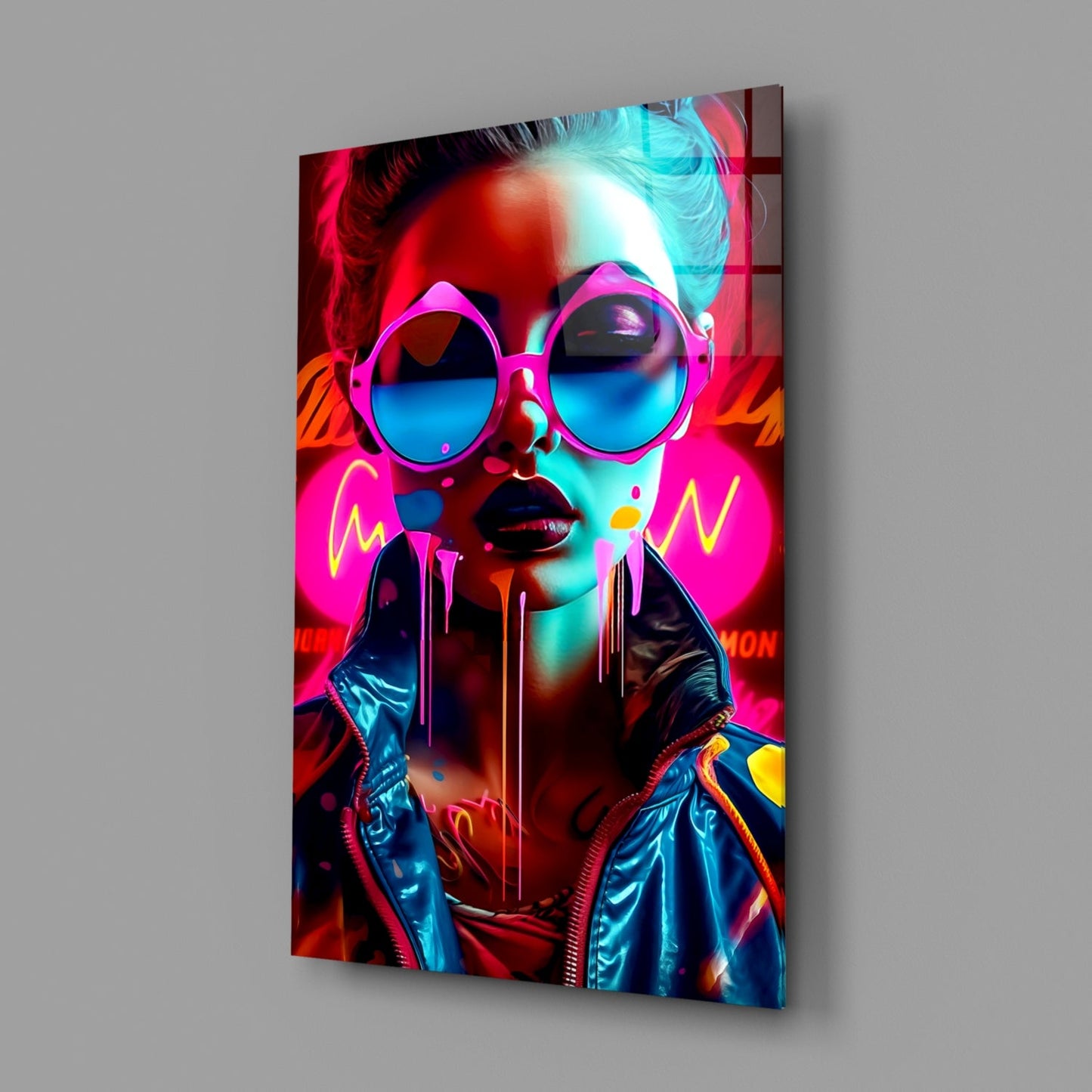 Neon Woman in Pink Glasses Glass Wall Art