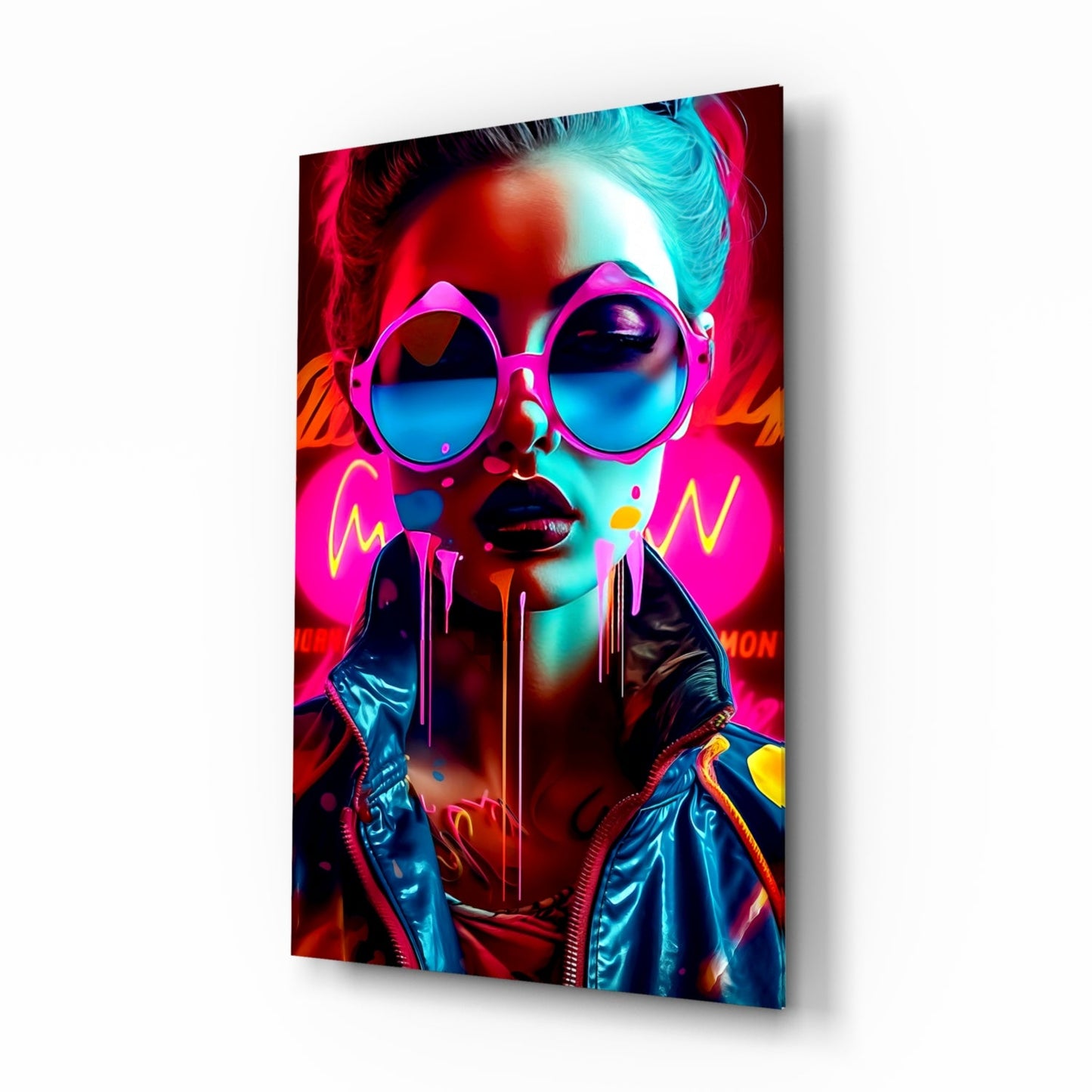 Neon woman in pink glasses glass wall art