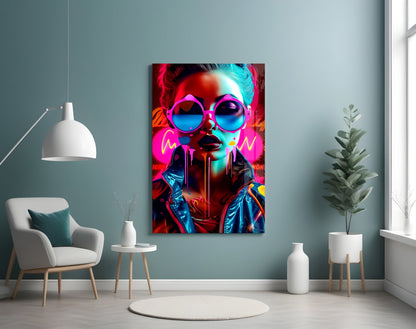 Neon Woman in Pink Glasses Glass Wall Art