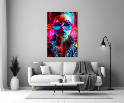 Neon Woman in Pink Glasses Glass Wall Art
