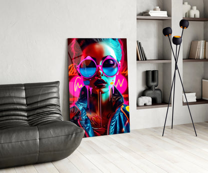 Neon Woman in Pink Glasses Glass Wall Art