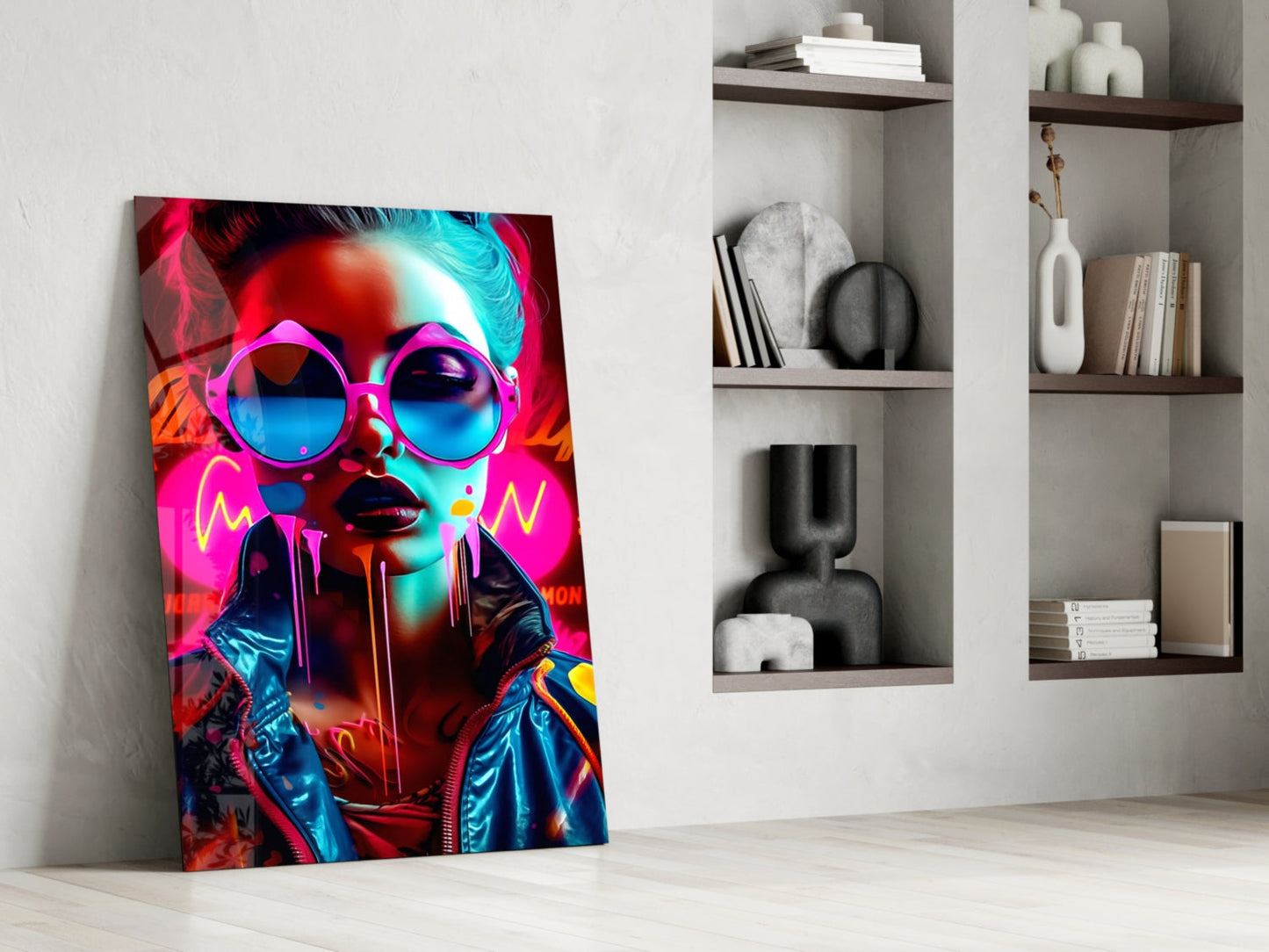 Neon Woman in Pink Glasses Glass Wall Art