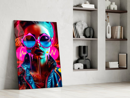 Neon Woman in Pink Glasses Glass Wall Art