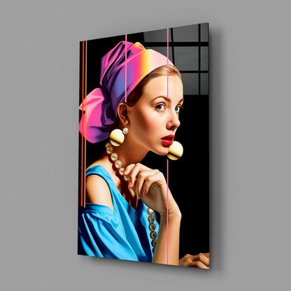 Pearl Earring Neon Pop Glass Wall Art