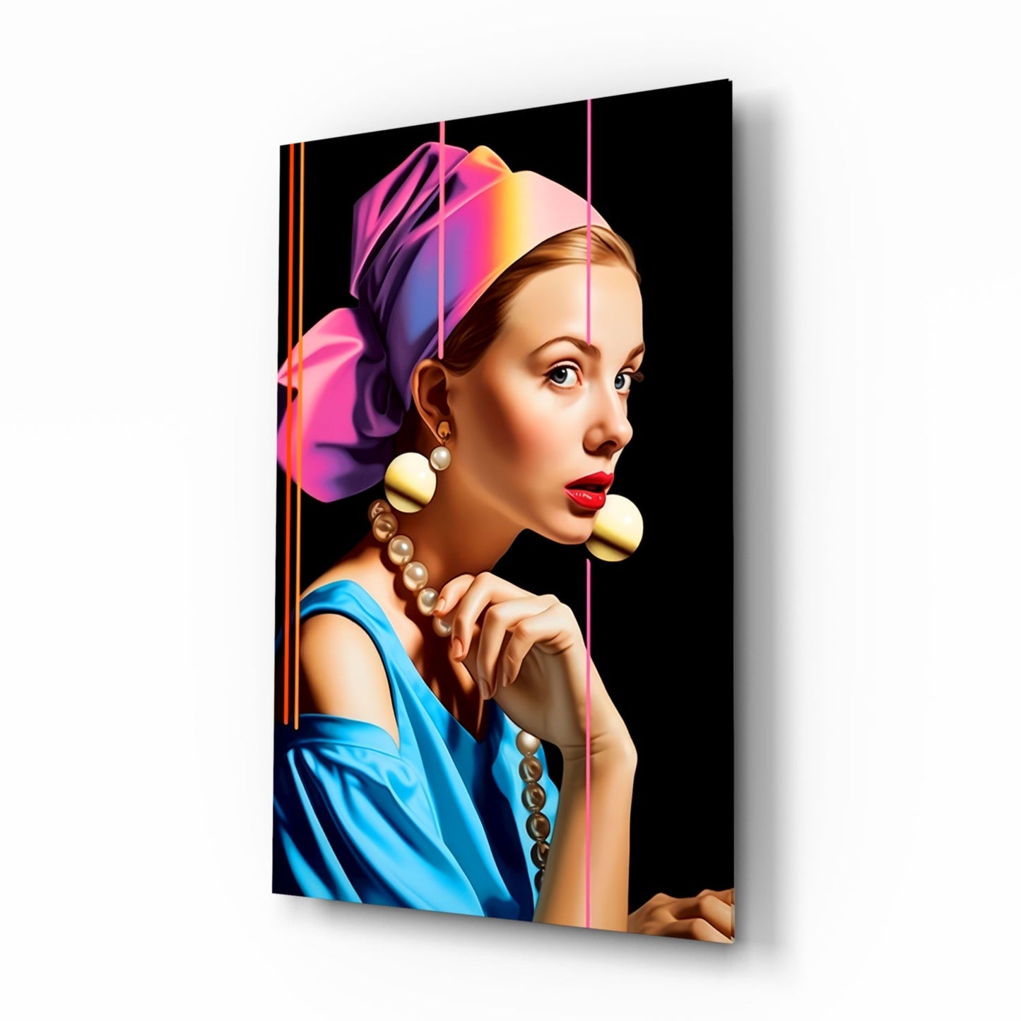 Pearl earring neon pop glass wall art