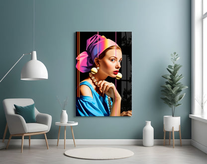 Pearl Earring Neon Pop Glass Wall Art