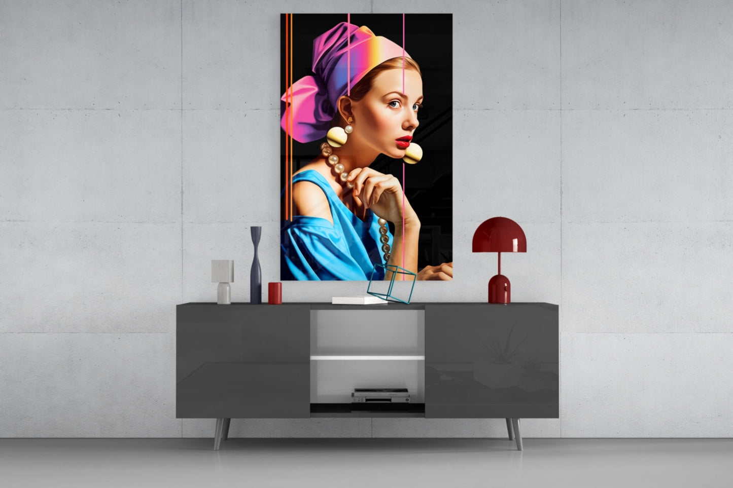 Pearl Earring Neon Pop Glass Wall Art
