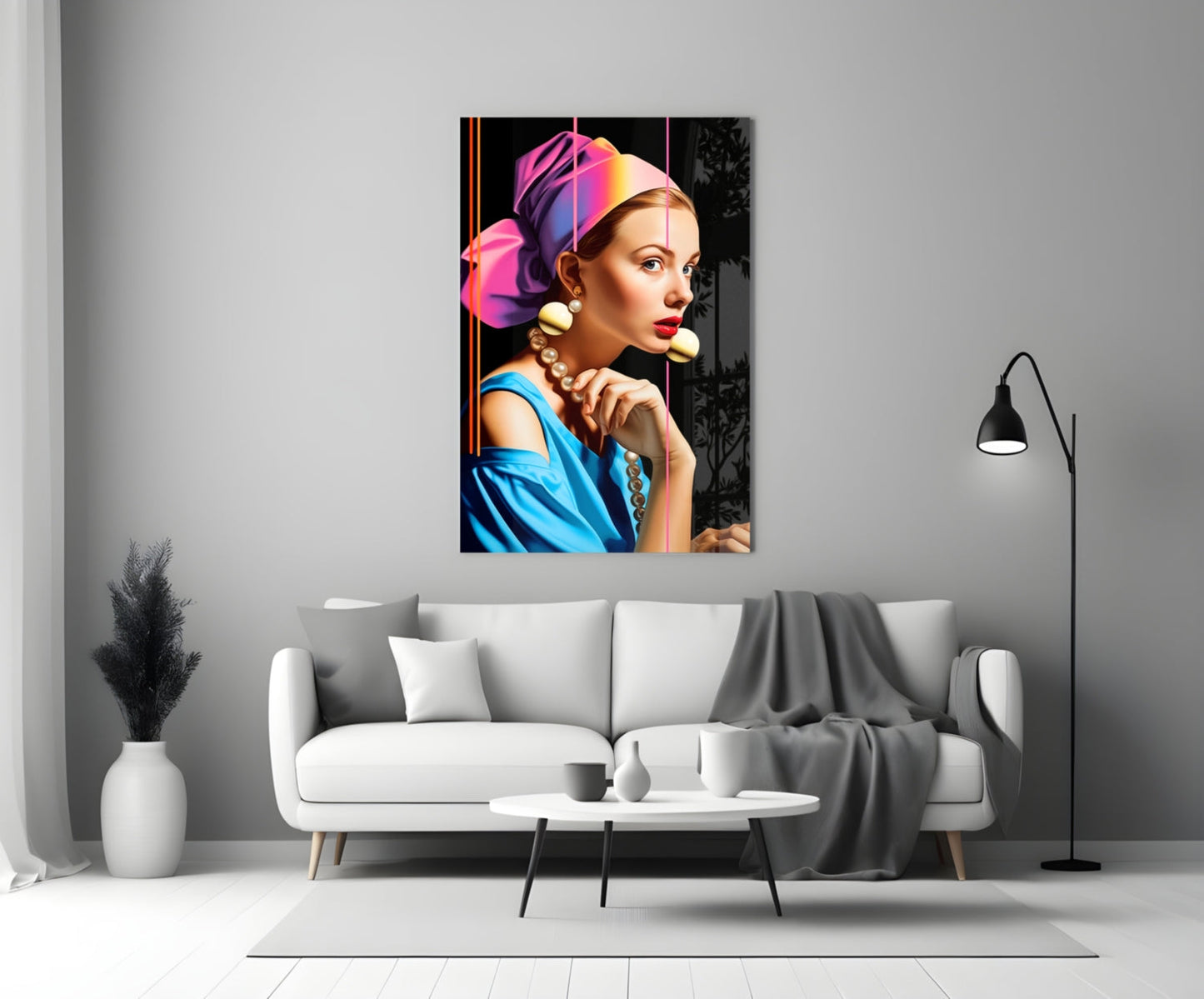 Pearl Earring Neon Pop Glass Wall Art