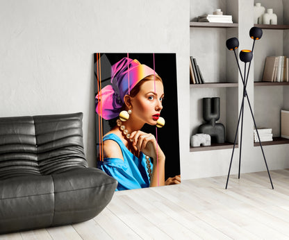 Pearl Earring Neon Pop Glass Wall Art