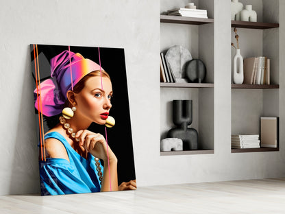 Pearl Earring Neon Pop Glass Wall Art