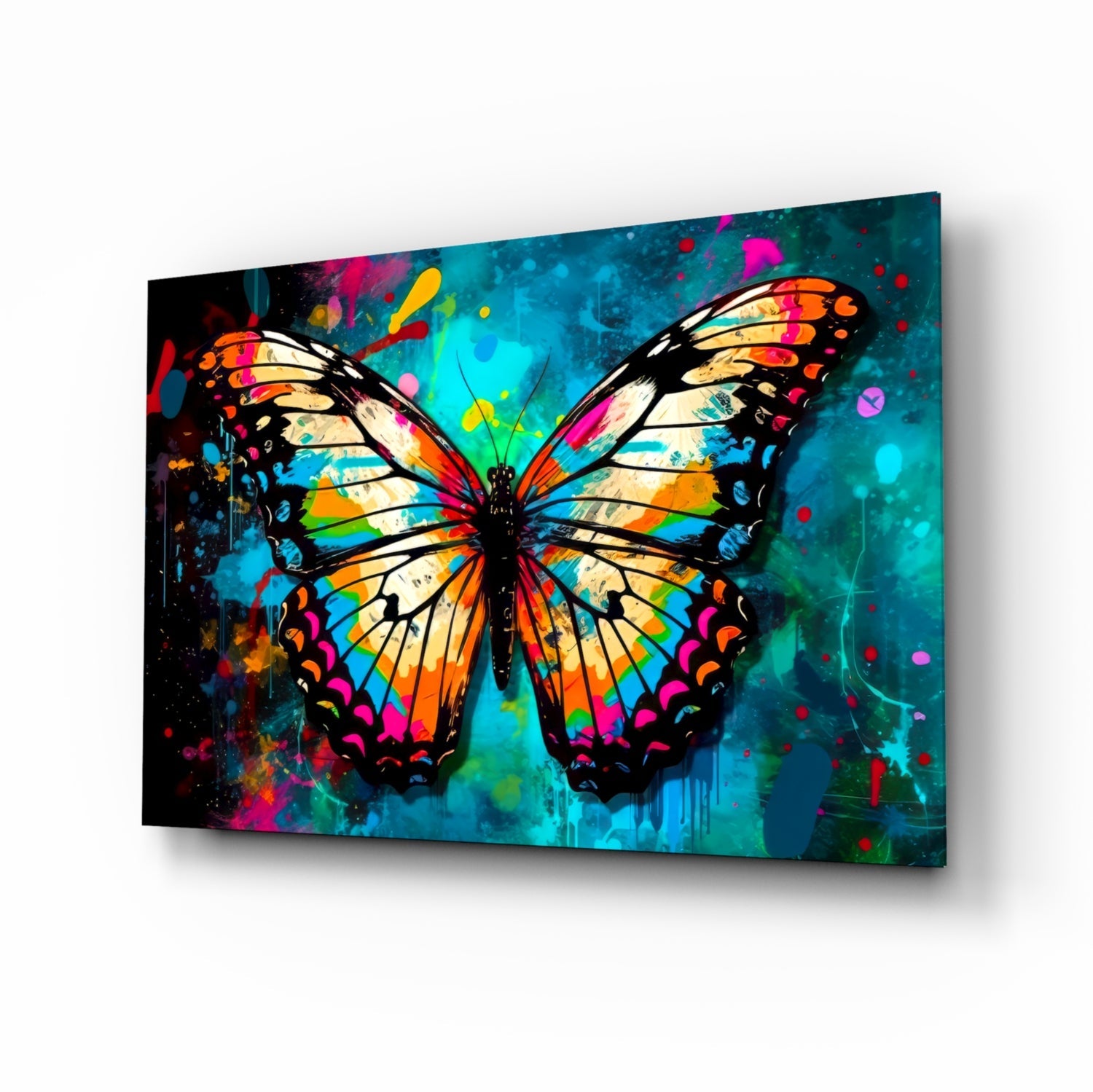 Winged butterfly glass wall art scarlet and teal