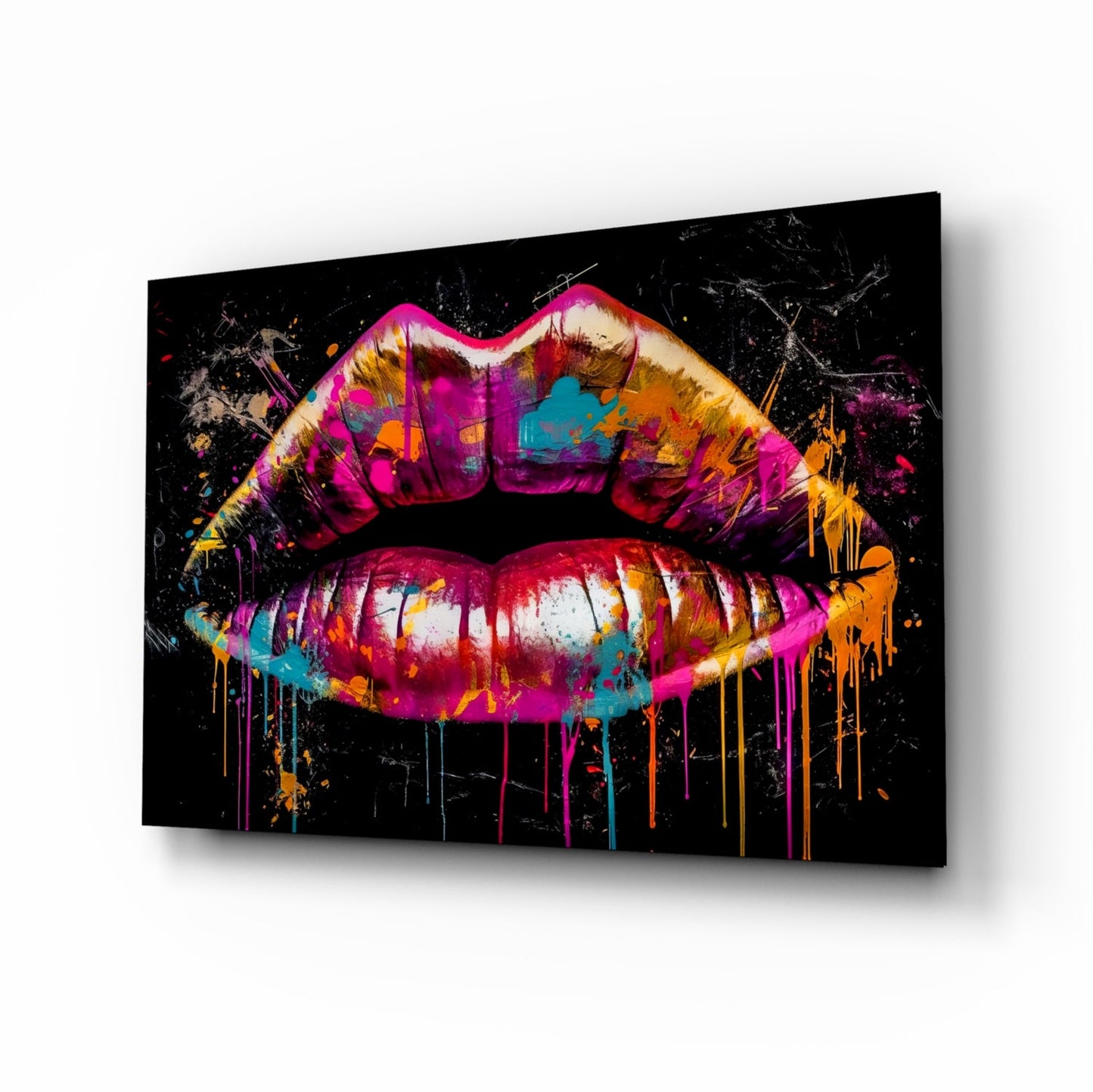 Magenta paint drip lips glass wall art