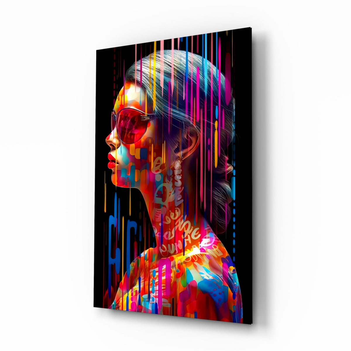 Rainbow drip woman in profile glass wall art angled on a white background