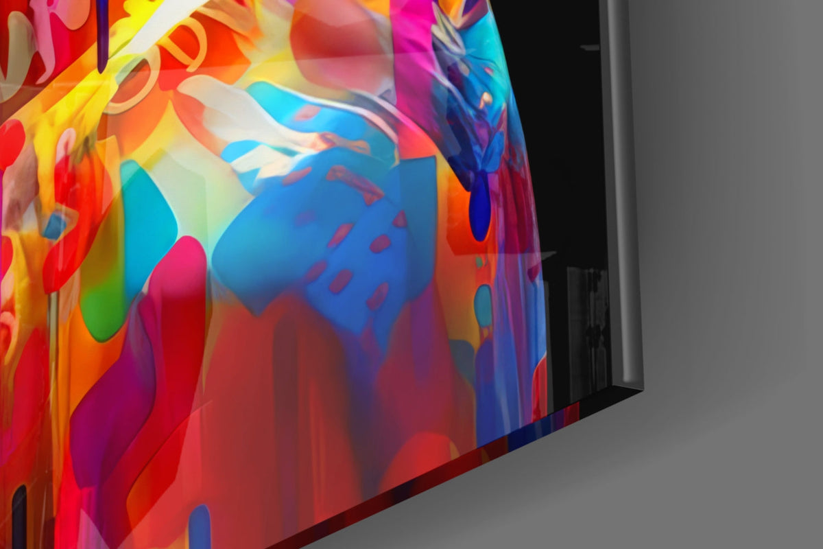 Close-up of the glossy tempered glass edge of the rainbow drip woman in profile piece