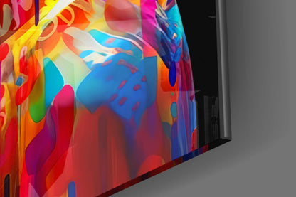 Close-up of the glossy tempered glass edge of the rainbow drip woman in profile piece