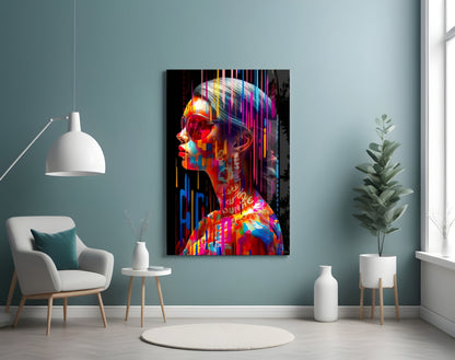 Rainbow drip woman in profile glass wall art on a teal wall above a white armchair and side table