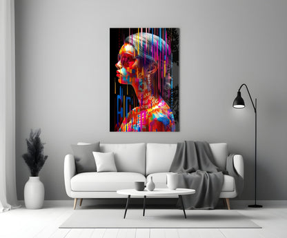 Rainbow drip woman in profile glass wall art above a white sofa and coffee table in a gray living room