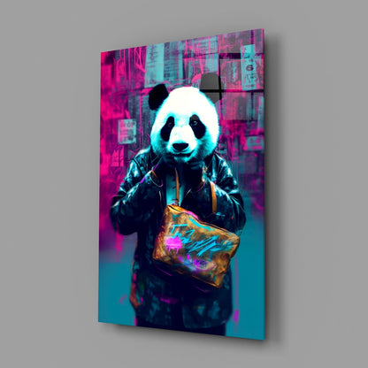 Panda in a black jacket glass wall art on a plain gray wall