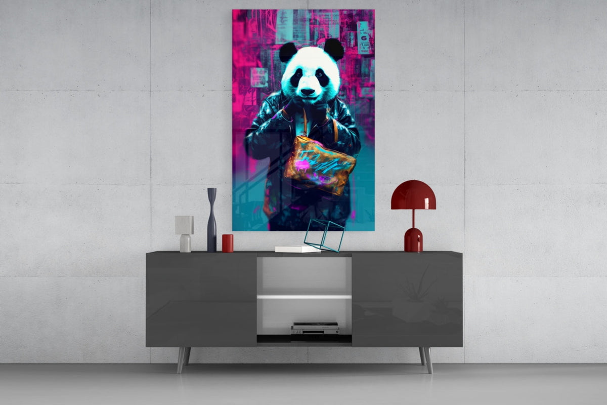 Panda in a black jacket glass wall art above a gray sideboard with a red table lamp