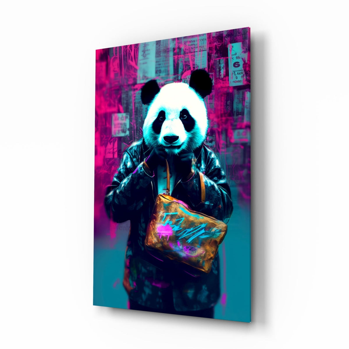 Panda in a black jacket glass wall art on a white background, angled to show the glass