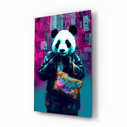 Panda in a black jacket glass wall art on a white background, angled to show the glass