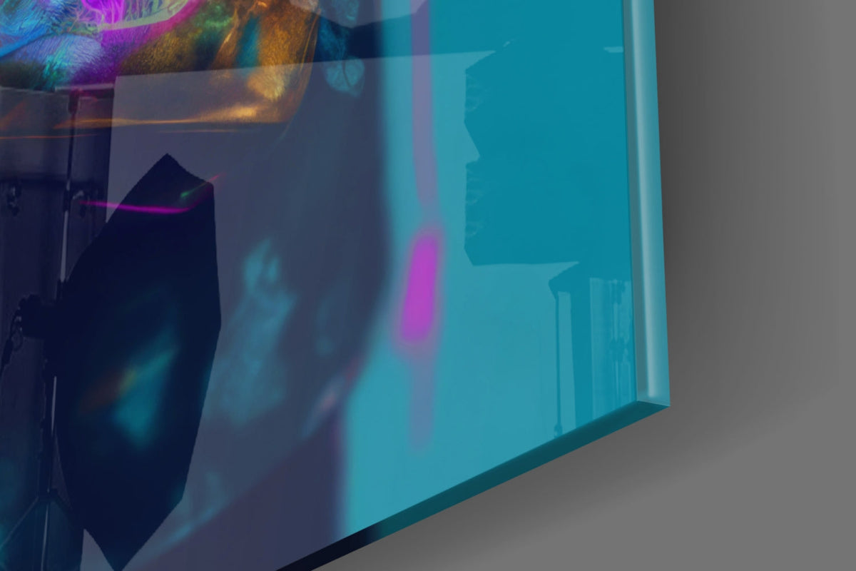 Panda in a black jacket glass wall art edge close-up showing the glossy tempered glass surface