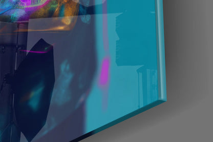 Panda in a black jacket glass wall art edge close-up showing the glossy tempered glass surface