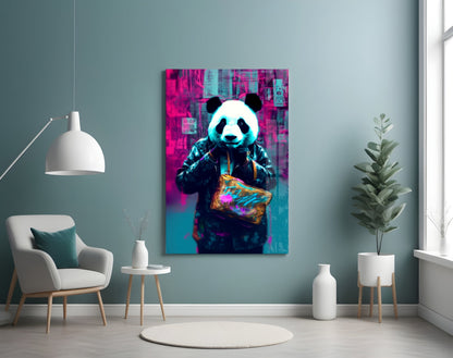 Panda in a black jacket glass wall art on a pale blue wall above a white armchair and side table