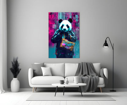 Panda in a black jacket glass wall art on a white wall beside a white sofa, gray throw and black floor lamp