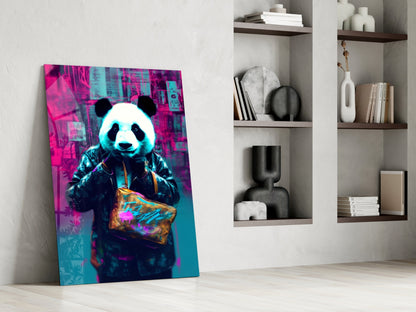 Panda in a black jacket glass wall art leaning against a white wall beside built-in shelves with vases