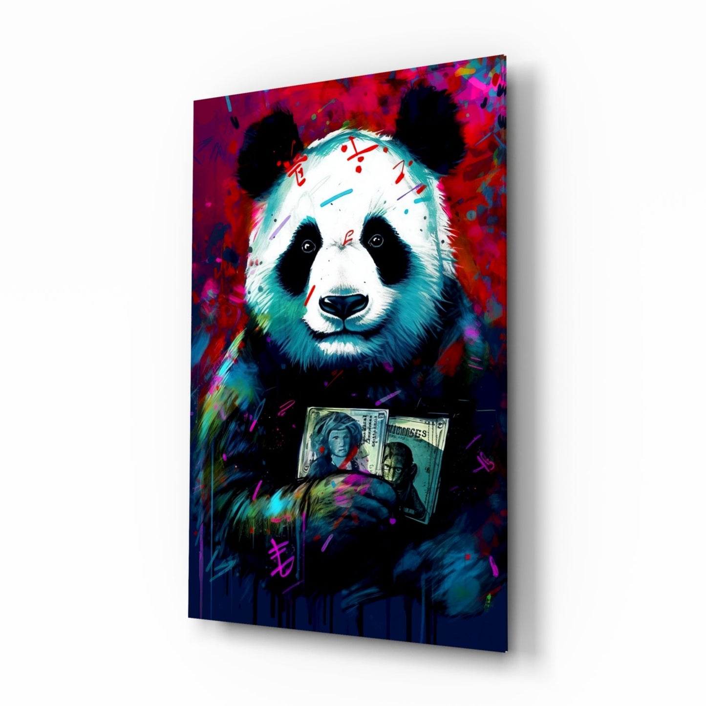 Pop-art bibliophile panda with a book glass wall art