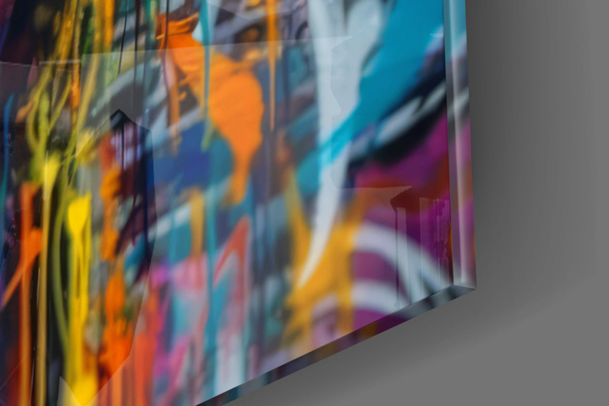 Glossy tempered glass edge close-up of the graffiti wide eyed woman print