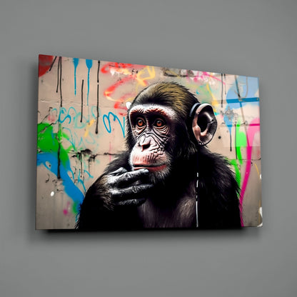 Thinking chimpanzee with headphones glass wall art on a plain gray wall