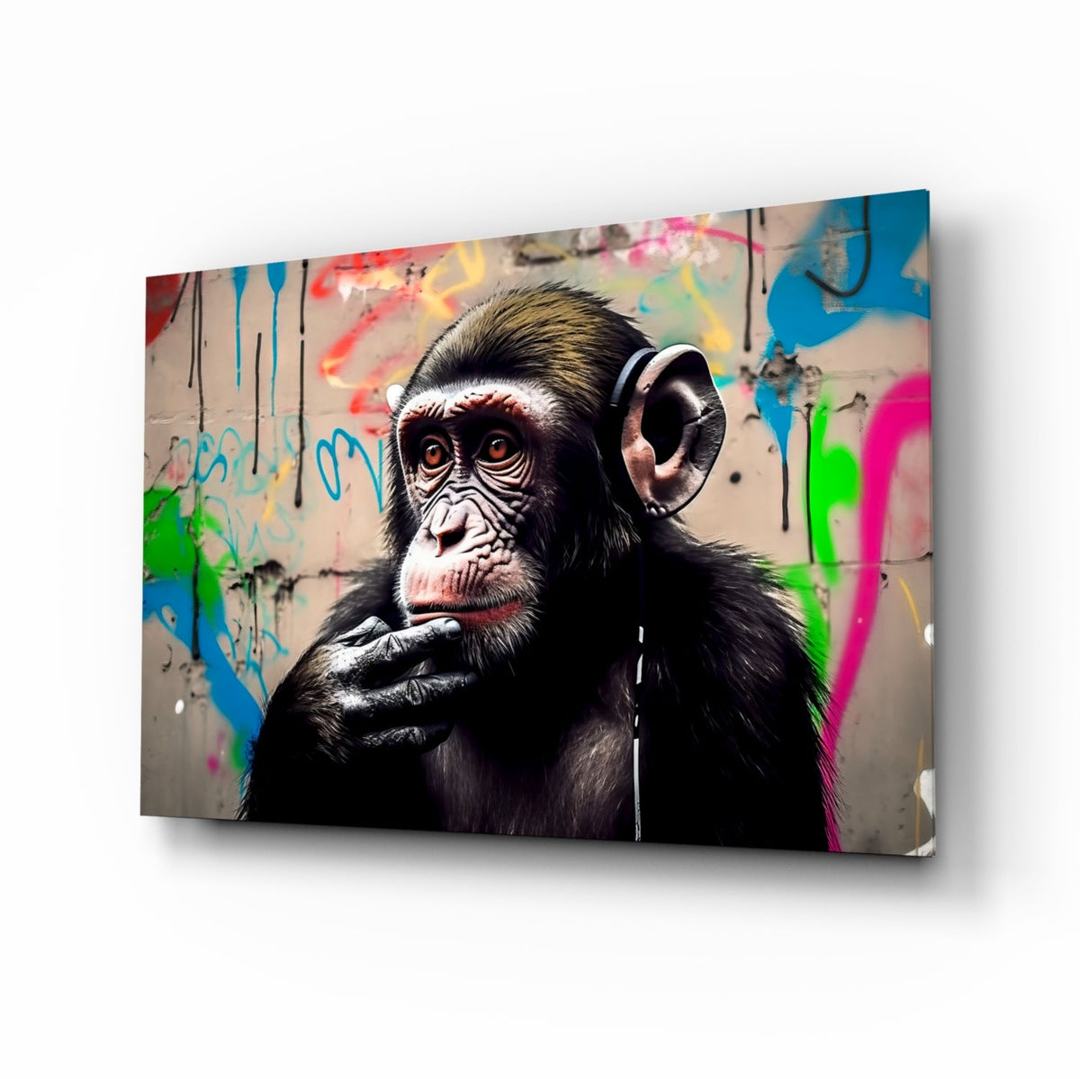 Thinking chimpanzee with headphones glass wall art on a white background, angled to show the glass
