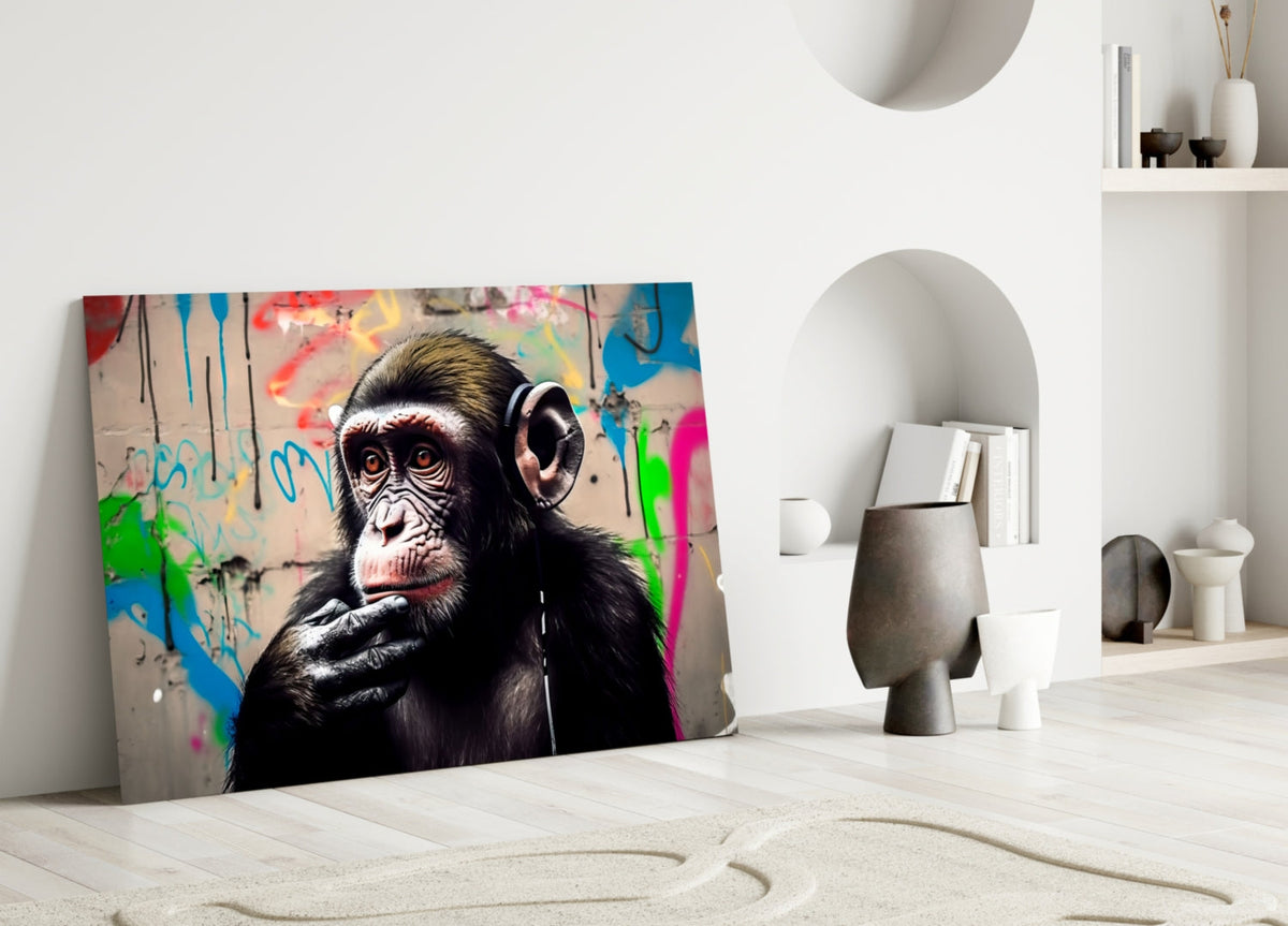 Thinking chimpanzee with headphones glass wall art leaning on a white floor below an arched wall niche