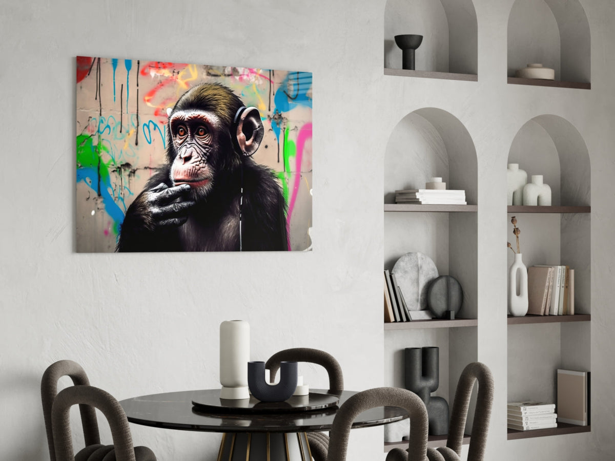 Thinking chimpanzee with headphones glass wall art above a round table with black bentwood chairs