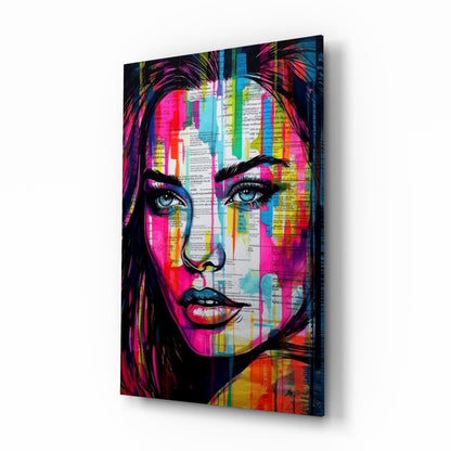 Newsprint drip woman glass wall art shown at an angle on a white background