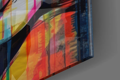 Newsprint drip woman glass wall art edge close-up showing the glossy glass surface
