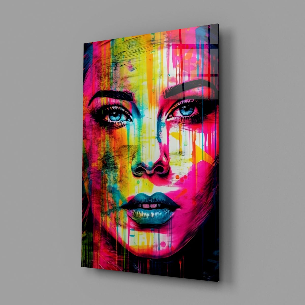 Neon drip portrait woman glass wall art on a plain gray wall